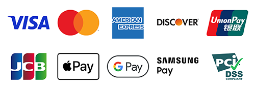 Visa Mastercard Amex Discover UnionPay JCB ApplePay GooglePay SamsungPay