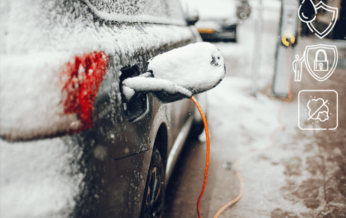 Electric vehicle charging in snowy weather, highlighting the importance of weatherproof and secure unattended payment solutions from MONEXgroup