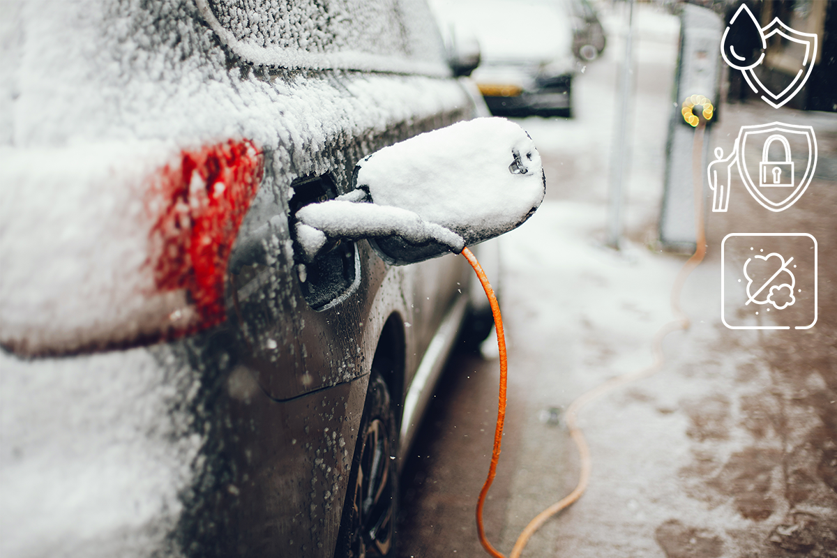 Electric vehicle charging in snowy weather, highlighting the importance of weatherproof and secure unattended payment solutions from MONEXgroup