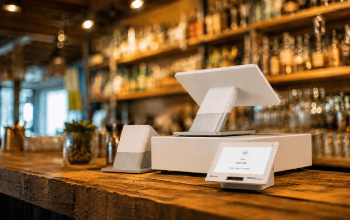 Clover Station Duo restaurant payment solution on a bar counter by MONEXgroup