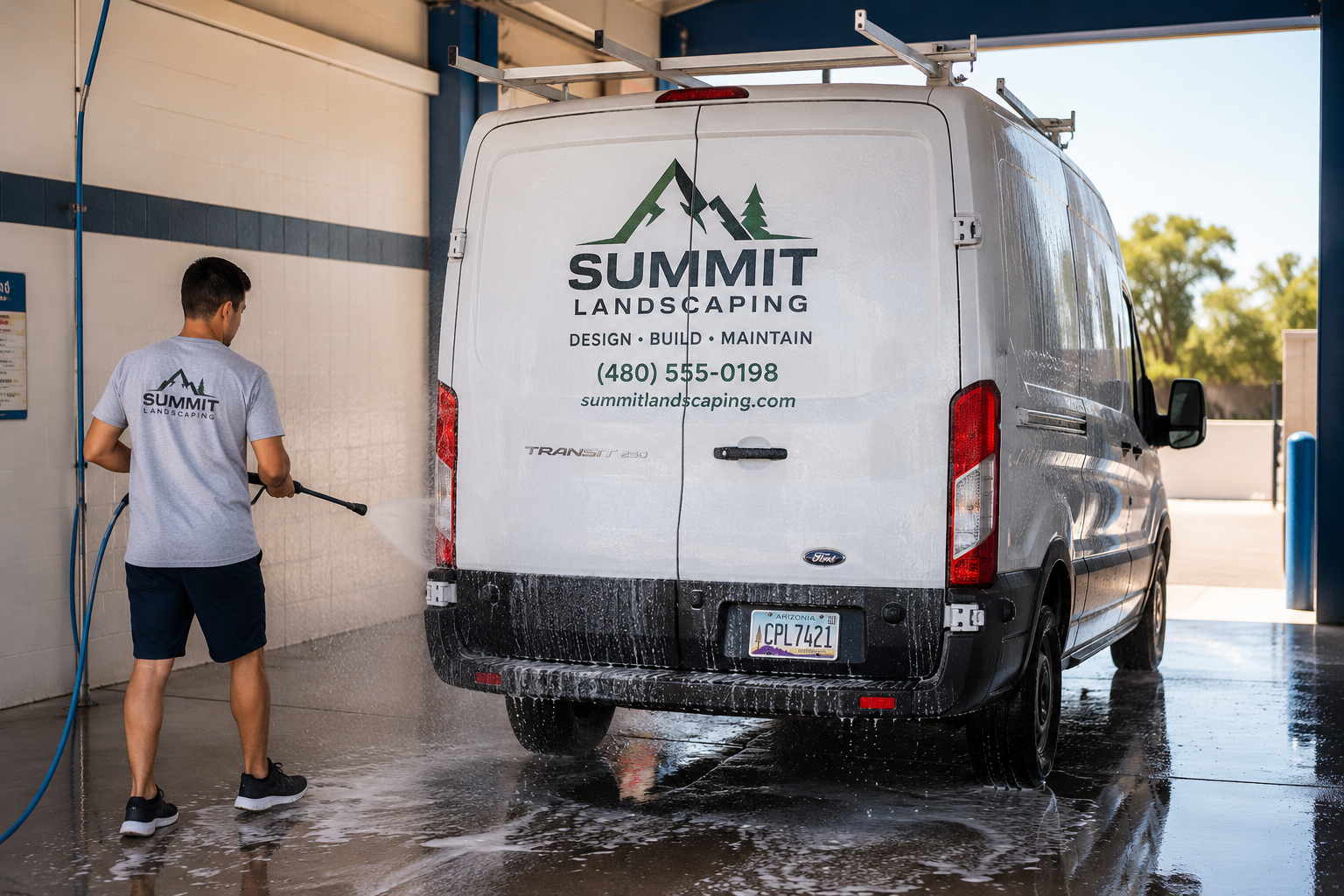 Commercial work van being washed at a self-service car wash, illustrating The Fleet Card Opportunity for Car Washes.